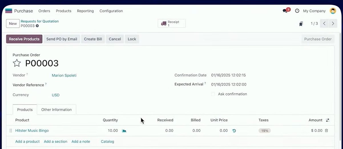 Achiziții – ecran principal în Odoo